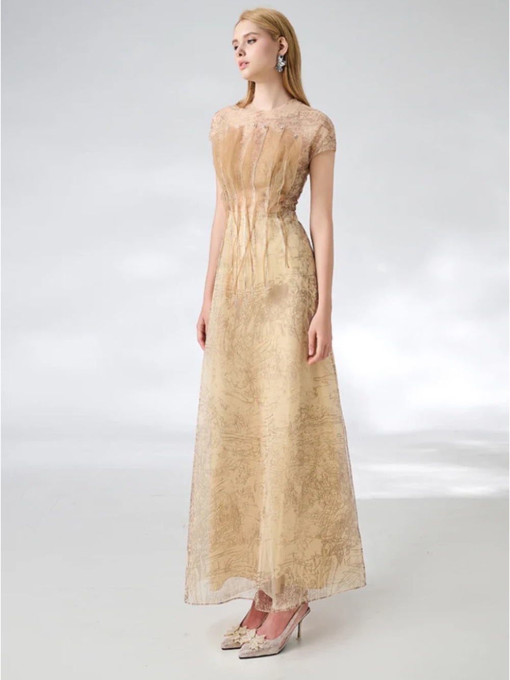 NWT Reilly Beige Organza Midi Dress Gown Size XXS Mesh Rhinestone Nude Wedding